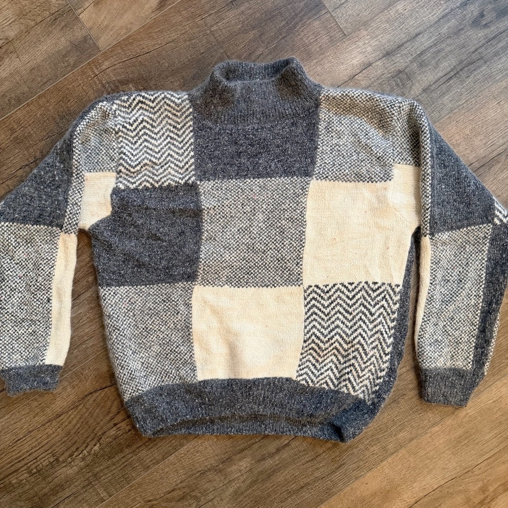 Erika Women Small Vintage Mock Turtleneck Patchwork SweaterGray Silk Angora Wool